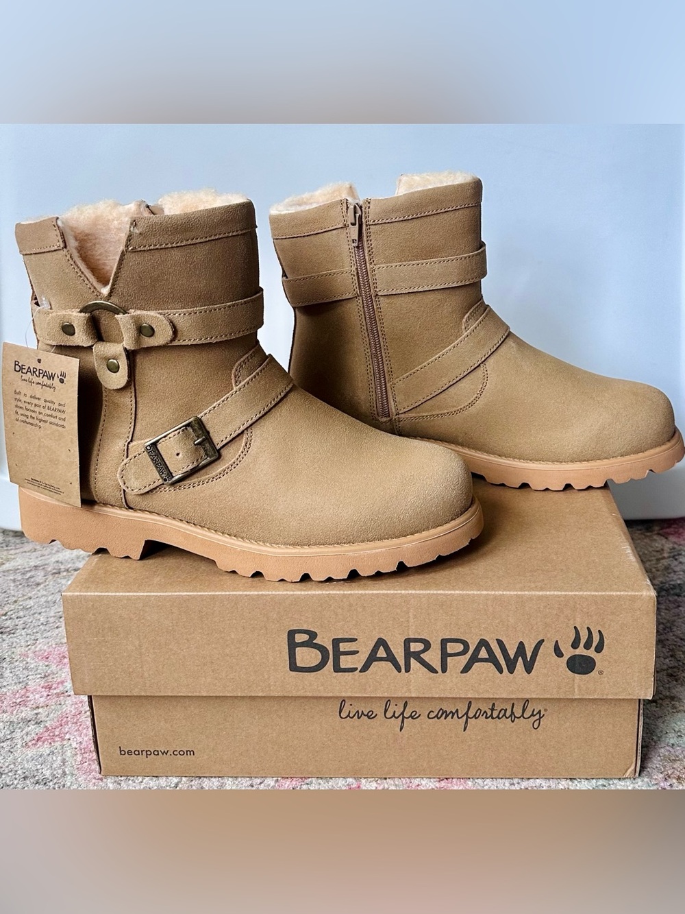 NWT BEARPAW Women's Theodora Suede Moto Boots - Aged Iced Coffee